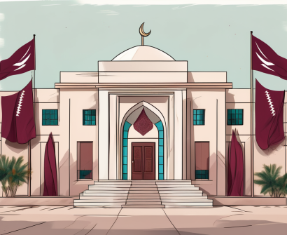 A school building adorned with qatari flags