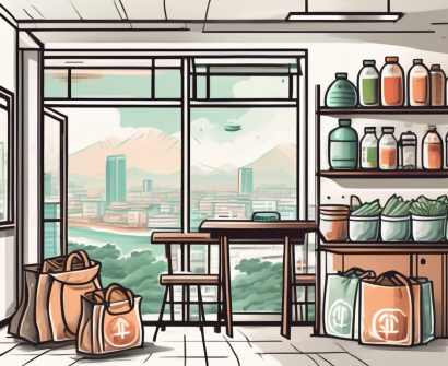 A classroom setting with various educational tools and a window view of vietnamese landmarks