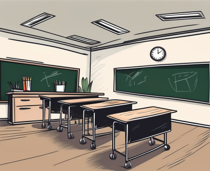 A saudi arabian classroom with empty teacher's desk and chalkboard