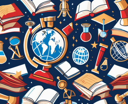 A globe surrounded by various iconic educational symbols