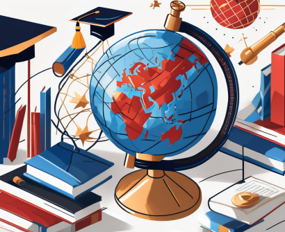 A globe with different educational tools such as a microscope