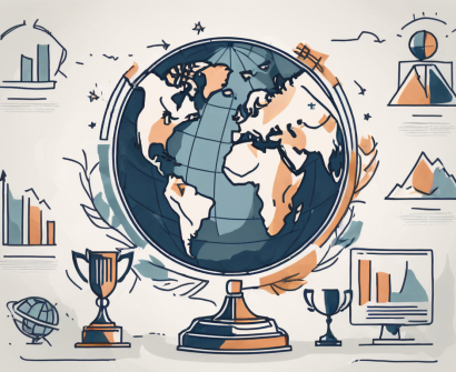 A globe with symbolic icons of a graduation cap and a trophy