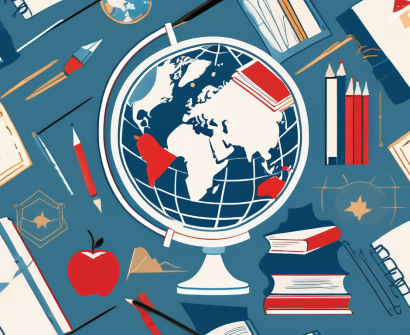 A globe with various educational symbols like books