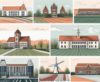 Five different school buildings representing various architectural styles from around the world