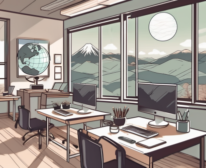 A classroom with digital devices like laptops and headphones on the desks