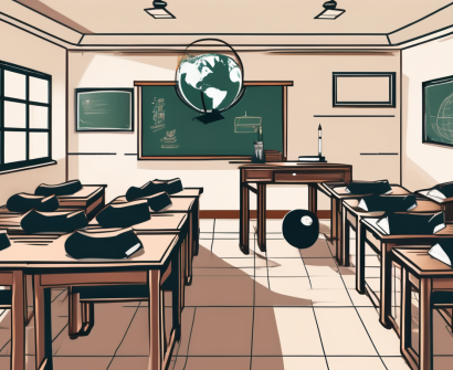 A traditional vietnamese classroom setting with a chalkboard