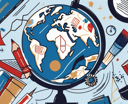 A globe with various educational symbols like books
