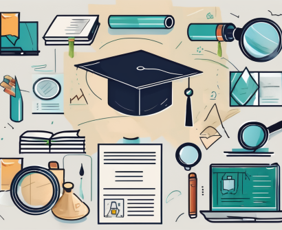 A portfolio filled with various educational symbols such as a graduation cap