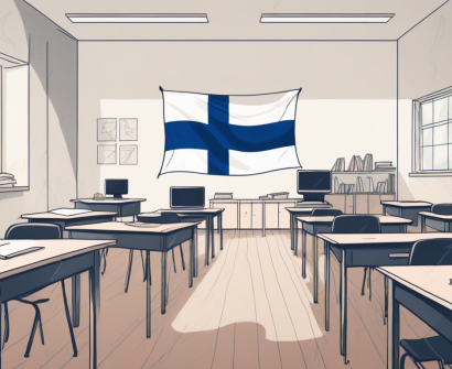 A finnish classroom with international flags hanging on the walls and a teacher's desk at the front with an apple and a pile of books on it