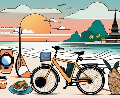 Various leisure activities such as a bicycle near a beach
