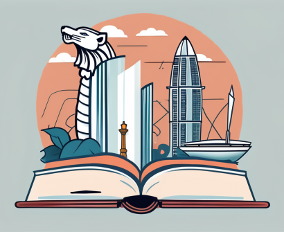 A key unlocking a book with symbols of english language and singapore's iconic landmarks like merlion and marina bay sands