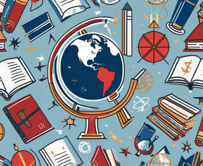 A globe surrounded by various educational symbols such as books