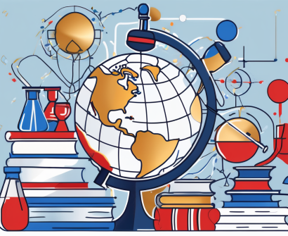 A globe with various educational symbols like books