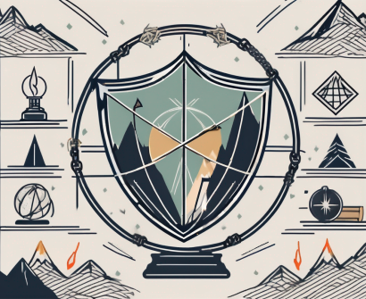 A globe surrounded by four symbolic elements - a shield