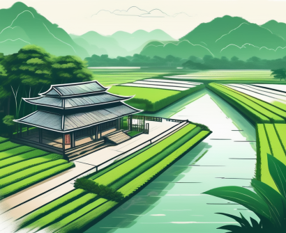 A serene vietnamese landscape featuring a traditional school building