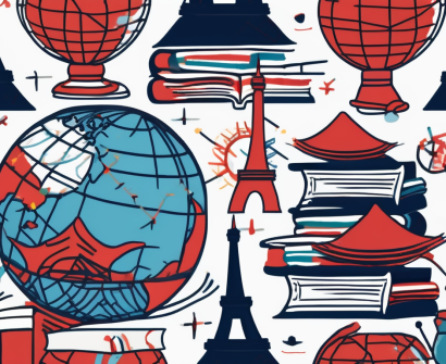 A globe with iconic educational symbols such as books