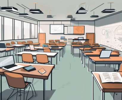 A modern classroom filled with diverse digital tools like tablets
