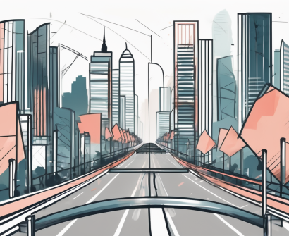 Bangkok's cityscape with symbolic elements such as a broken balance scale and a road with hurdles to represent gender equality barriers