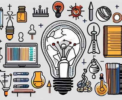 A lightbulb (symbolizing ideas and learning) surrounded by nine different educational tools such as a globe