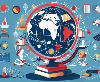 A globe with various iconic educational symbols (like books