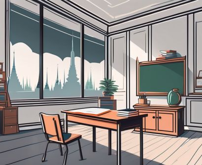 A classroom setting with an empty teacher's desk and chair