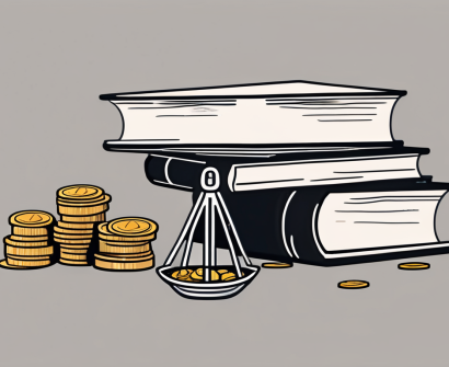 A heavy stack of books and papers on one side of a balance scale and a small pile of coins on the other side