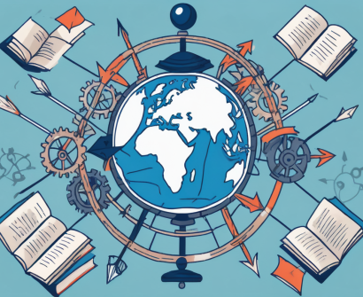 A globe surrounded by various educational symbols like books
