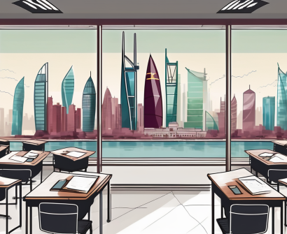 A classroom with international flags