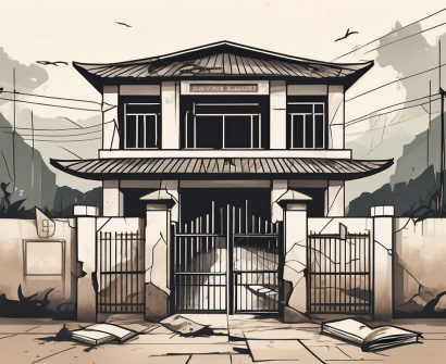A crumbling school building with a backdrop of vietnam's landscape