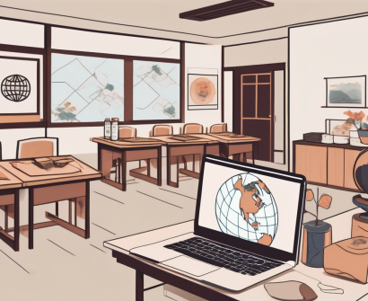 A classroom with a globe on the desk