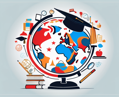 A globe with symbolic icons of teaching tools such as a book