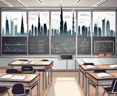 A classroom with a view of the dubai skyline