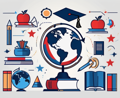 A globe with various educational symbols like a graduation cap