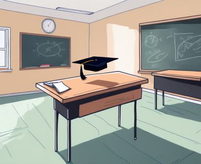 A classroom setting in the uk with an empty teacher's desk