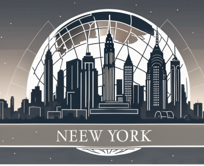 A classic new york skyline with the silhouette of an international school building in the foreground