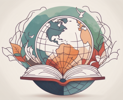 A globe with various educational symbols like books