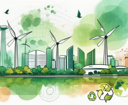 The singapore skyline with various environmental elements like trees