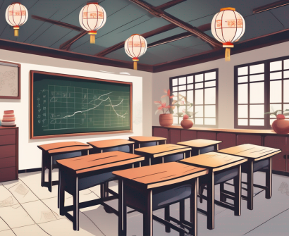 A classroom setting in china with a few empty chairs