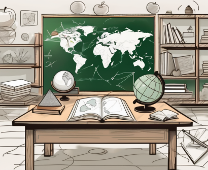 A classroom setting with various symbols of vietnam (like a conical hat