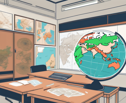 A classroom setting with a globe on the desk