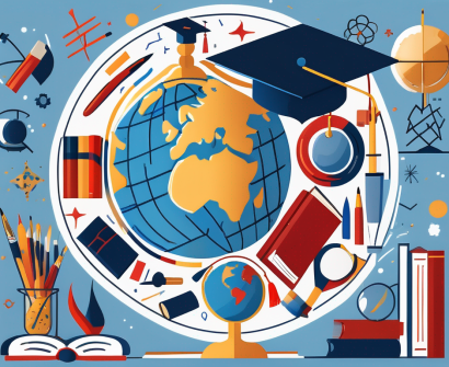 A globe surrounded by various educational symbols like books