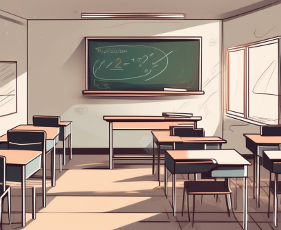 A uae classroom setting with empty teacher's desk and chalkboard
