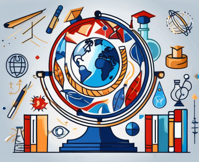 A globe surrounded by various educational symbols like books