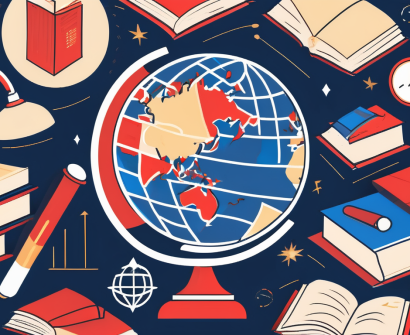A globe surrounded by various educational symbols such as books