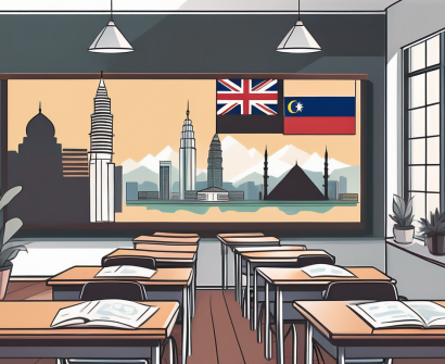 A classroom with international flags