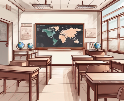 A classroom setting in china with various teaching tools like a chalkboard