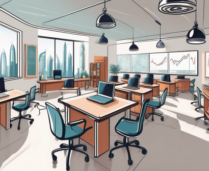 A modern classroom in dubai with various educational tools like headphones