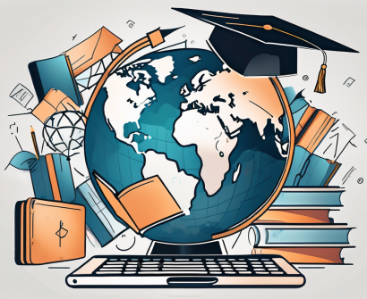 A globe with various educational symbols like books