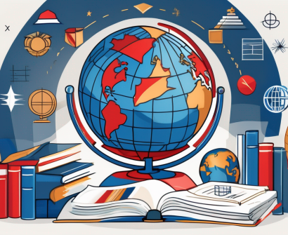 A globe with various educational symbols like books