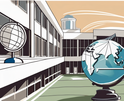 The french american international school building with a globe in the background